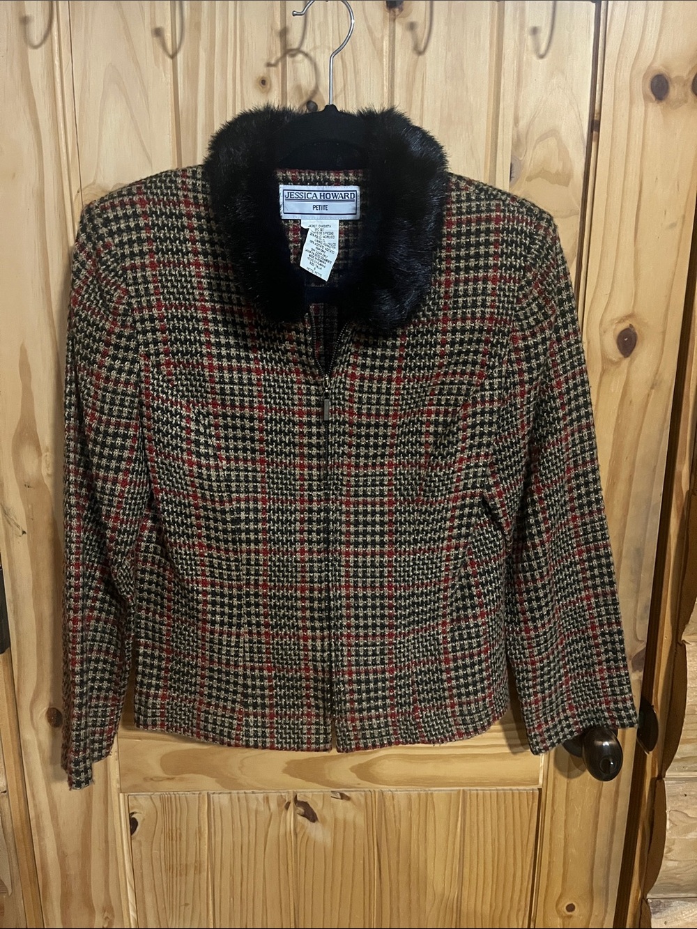 Jessica Howard Black and Red Plaid Wool-Blend Jacket with Faux Fur Collar